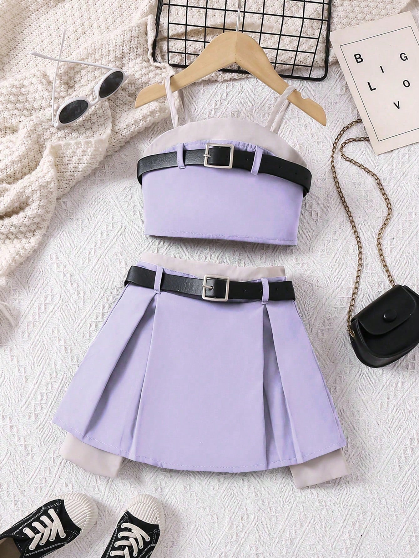 Colorful Dopamine Warm Holiday Back To School Season Summer Transition Girls Purple Set With Halter Top & Pleated Skirt, Decorated With Two Belts,  Casual Style Set