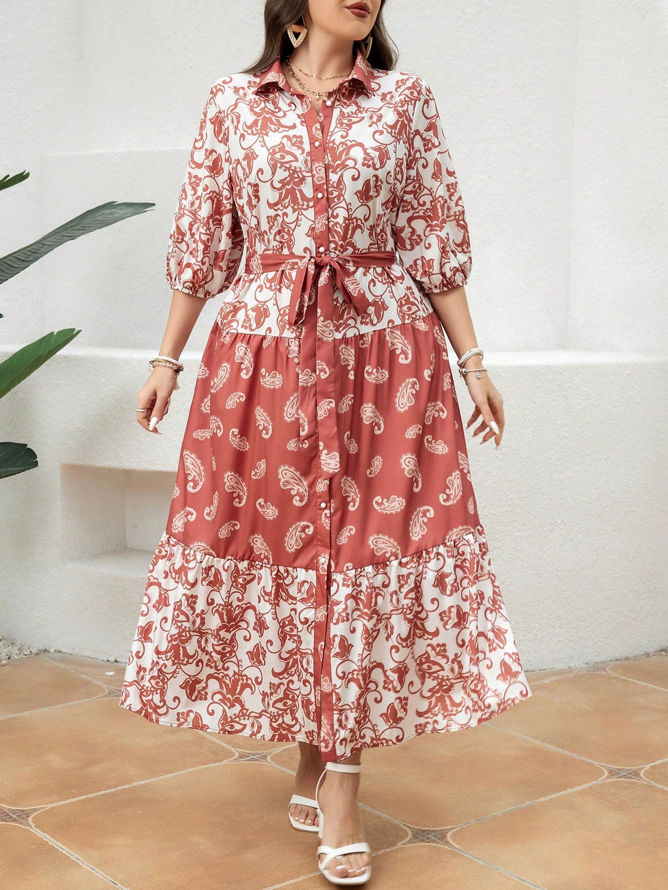 Plus Size Women's Lantern Sleeve Peasant Printed Dress