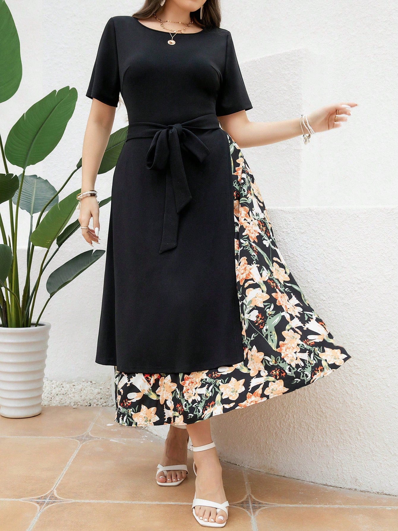 Plus Size Round Neck Floral Print Belted Asymmetrical Hem Midi Dress