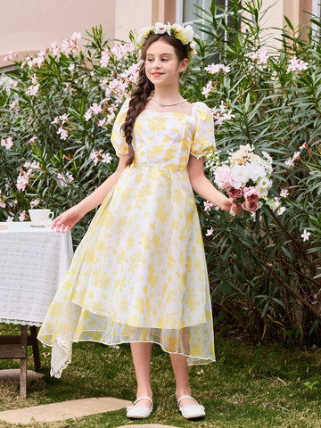 Elegant And Cute Floral Printed Short Bubble Sleeve Organza Dress For Tween Girls