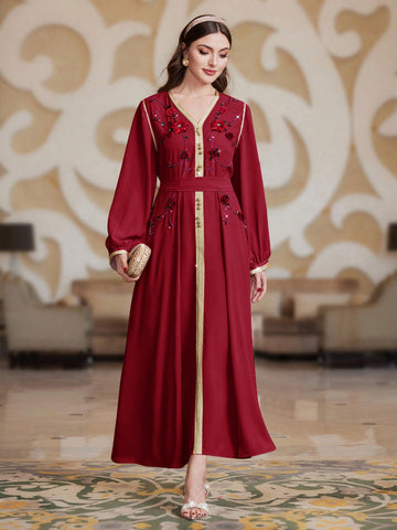 Women Traditional Arabic Long Robe With 3D Flower Decoration, Patchwork Jacquard Belt And Lantern Sleeves