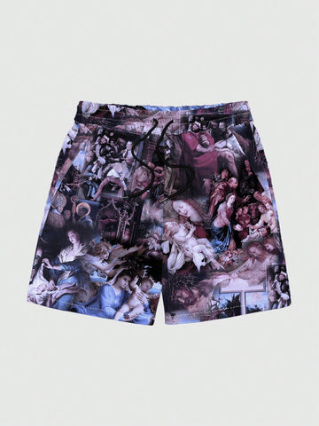 Men Portrait Printed Drawstring Waist Casual Shorts For Summer