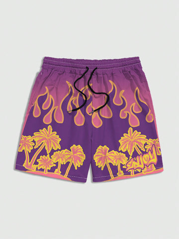 Men's Plus Size Coconut Tree & Flame Printed Drawstring Waist Shorts