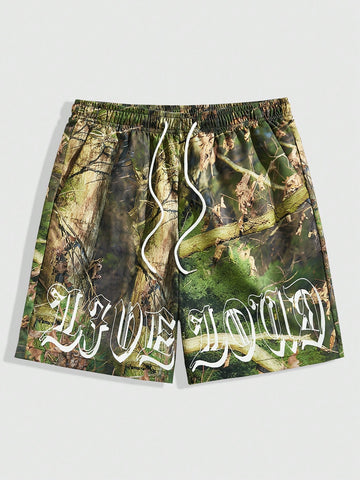 Men Summer Leisure Drawstring Waist Shorts With Twig And Letter Print