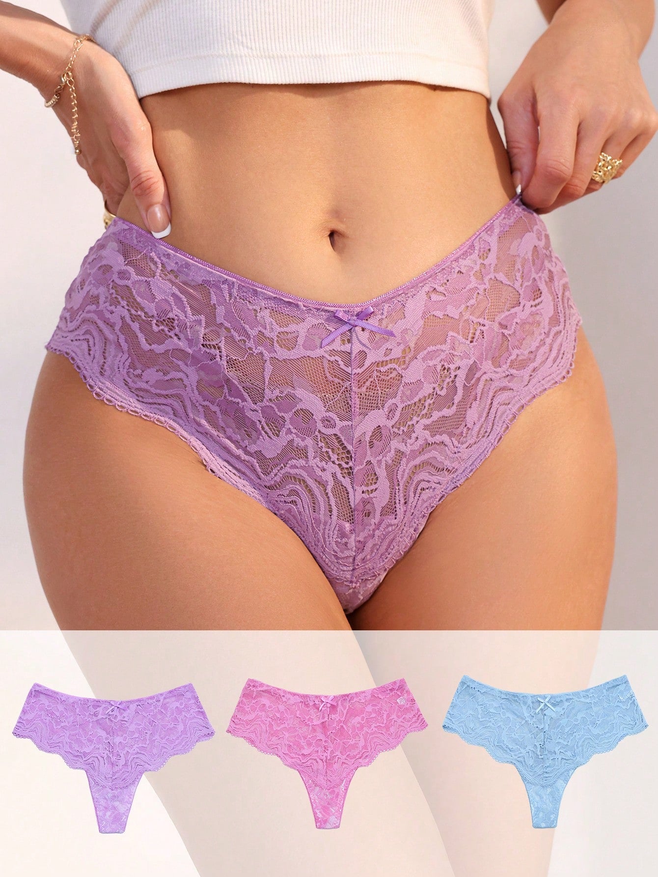 Women Solid Color Lace T-Back Panties With Bow Decor