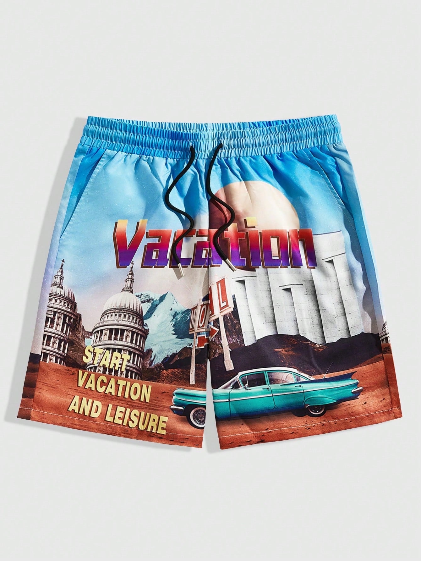 Men Letter And City Landscape Printed Drawstring Shorts, Suitable For Daily Wear In Spring And Summer