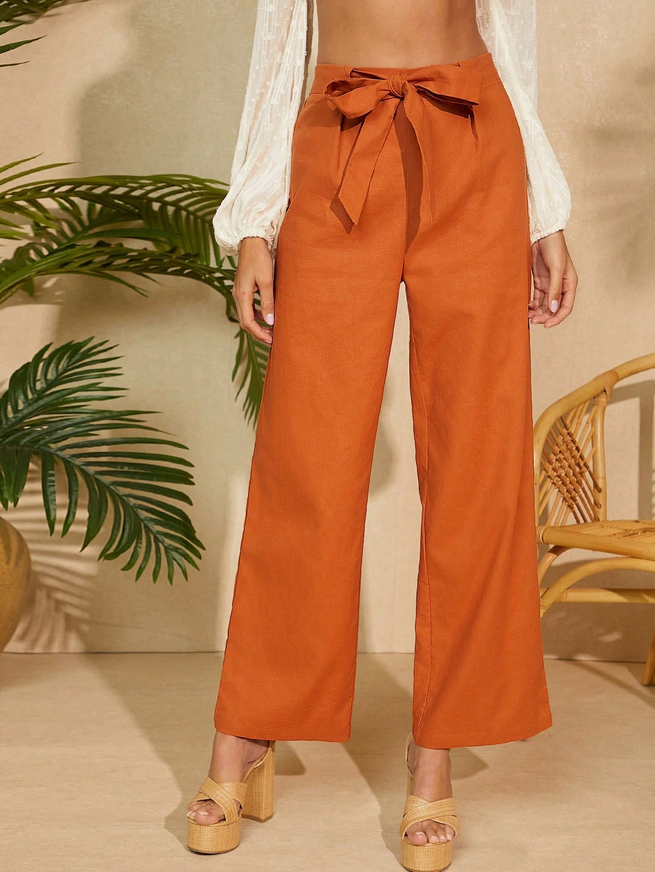 Tie Front Fold Pleated Wide Leg Pants