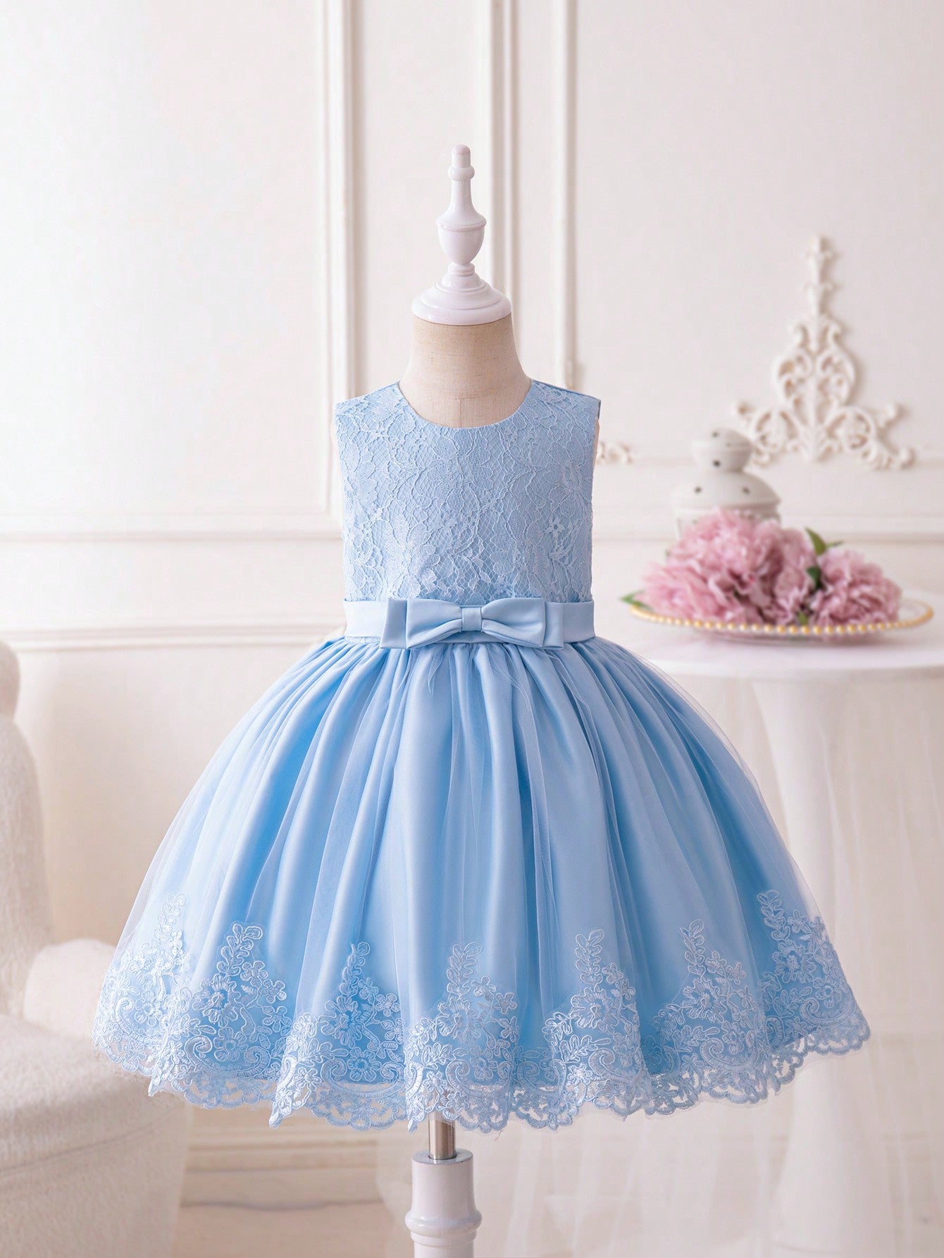 Young Girl Blue Embroidered Mesh Tulle Princess Dress, Sleeveless Romatic Gorgeous Dress, Perfect For Birthday Party, Wedding, Festival, Performance