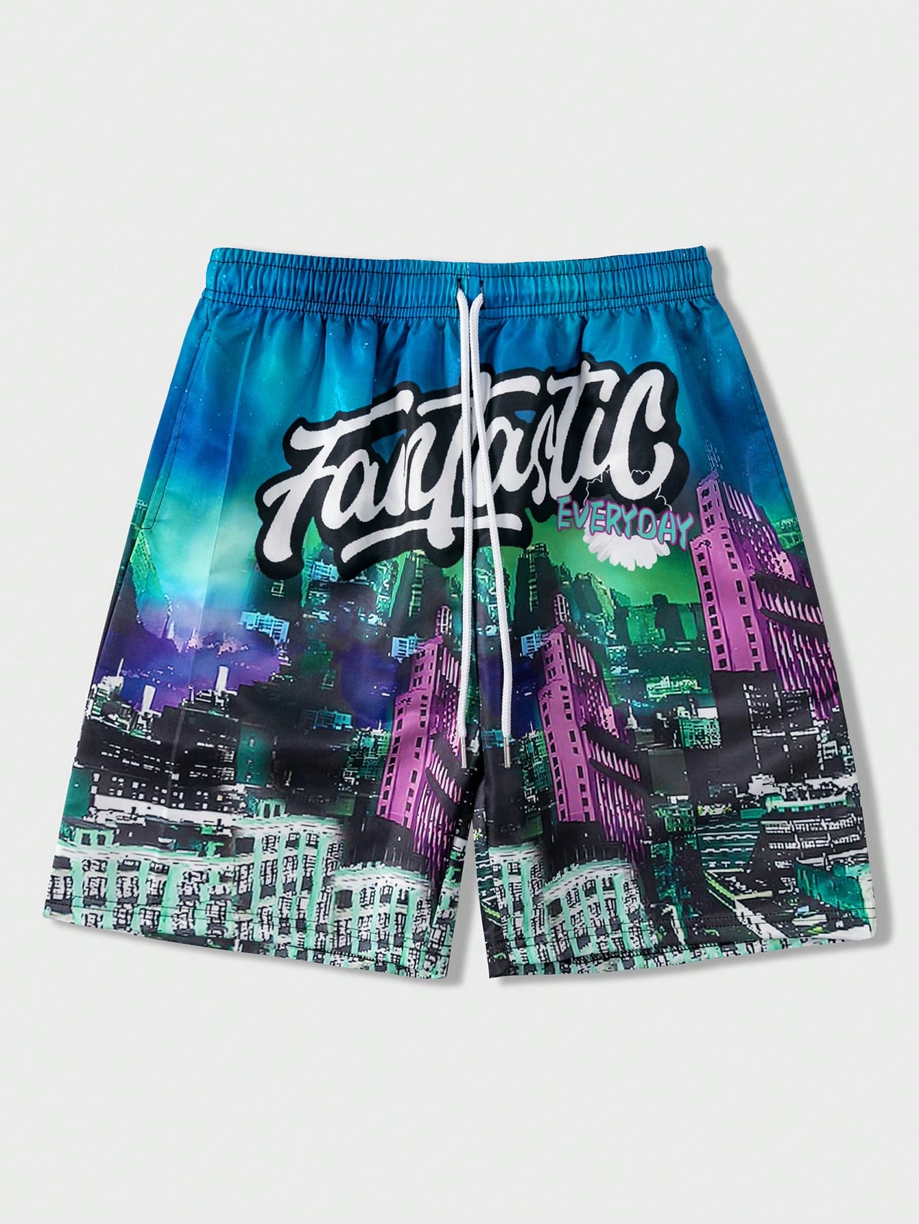 Men Slogan Print Drawstring Woven Shorts, Suitable For Daily Wear In Spring And Summer