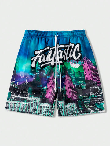 Men Slogan Print Drawstring Woven Shorts, Suitable For Daily Wear In Spring And Summer