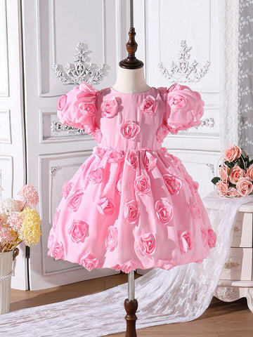 Young Girl 3D Flower Patched Party Bubble Sleeve Dress For Summer