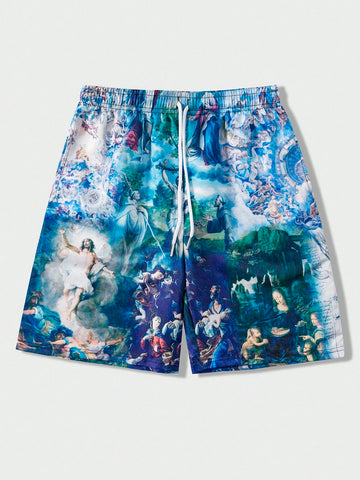 Men Printed Woven Drawstring Shorts, Suitable For Daily Wear In Spring And Summer