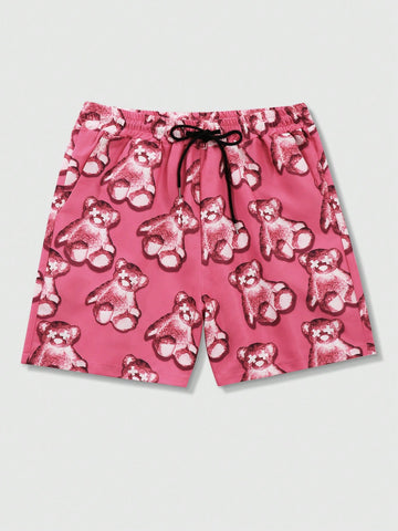 Men Bear Printed Woven Shorts, Suitable For Daily Wear In Spring And Summer