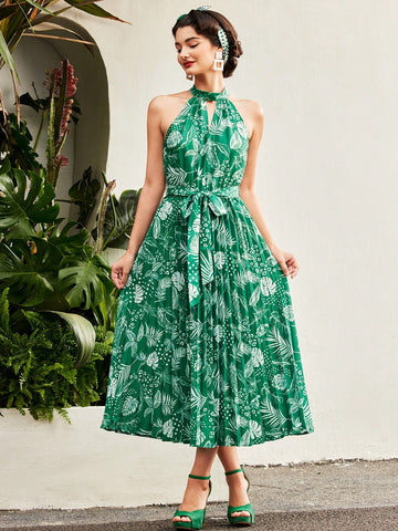 Vintage Elegant Resort Plant Print Pleated Sleeveless Halterneck Dress Mother Day Dress Summer Women Dresses Summer Dress Sundress Hawaiian Maxi Dress Summer Outfits Floral Dress Green Dress Derby Dress Retro Mother Day Outfit Concert Outfits Graduation O