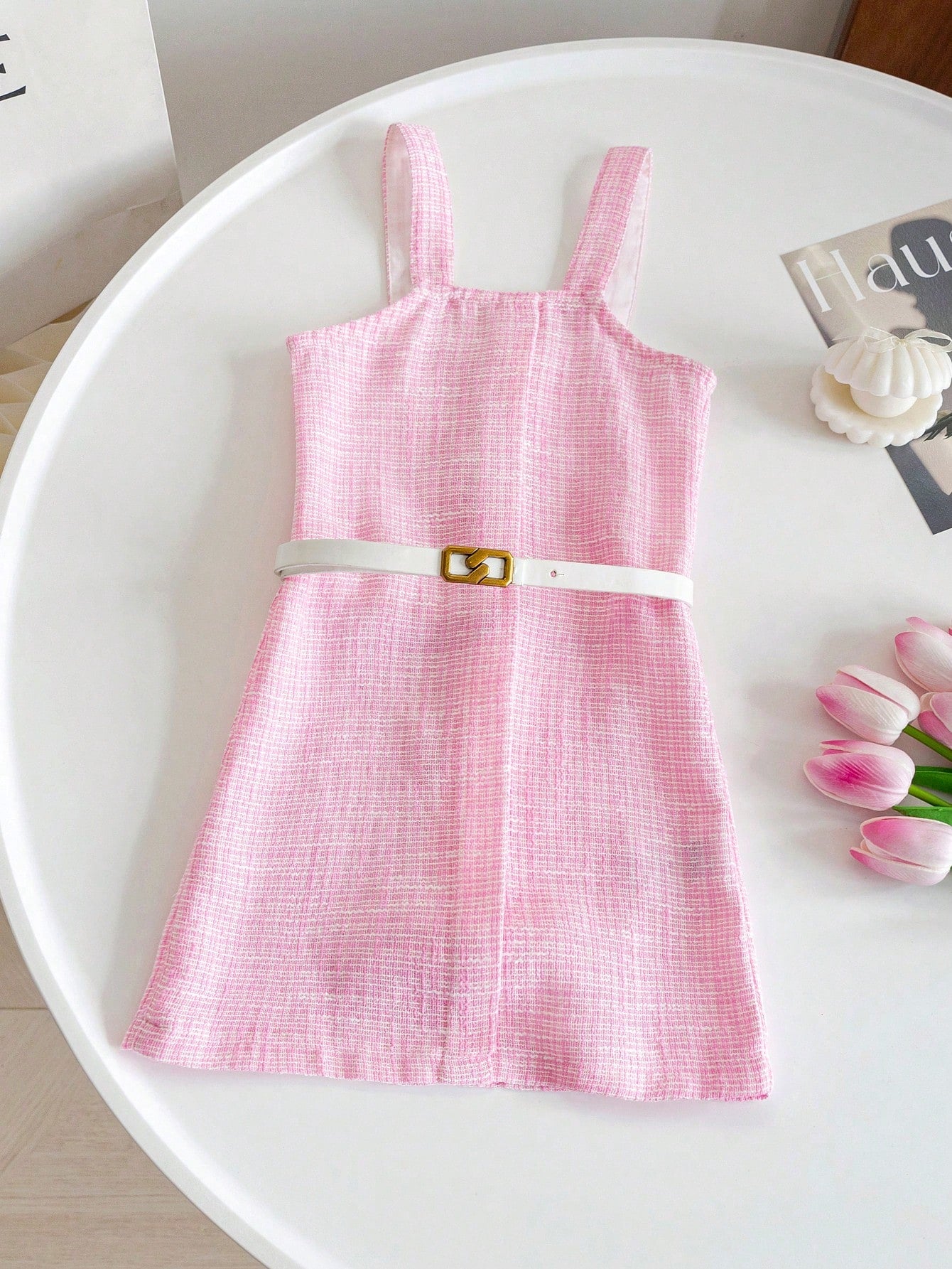 Young Girl Simple & Elegant Sleeveless Spaghetti Strap Woolen Dress With Waistband, Summer