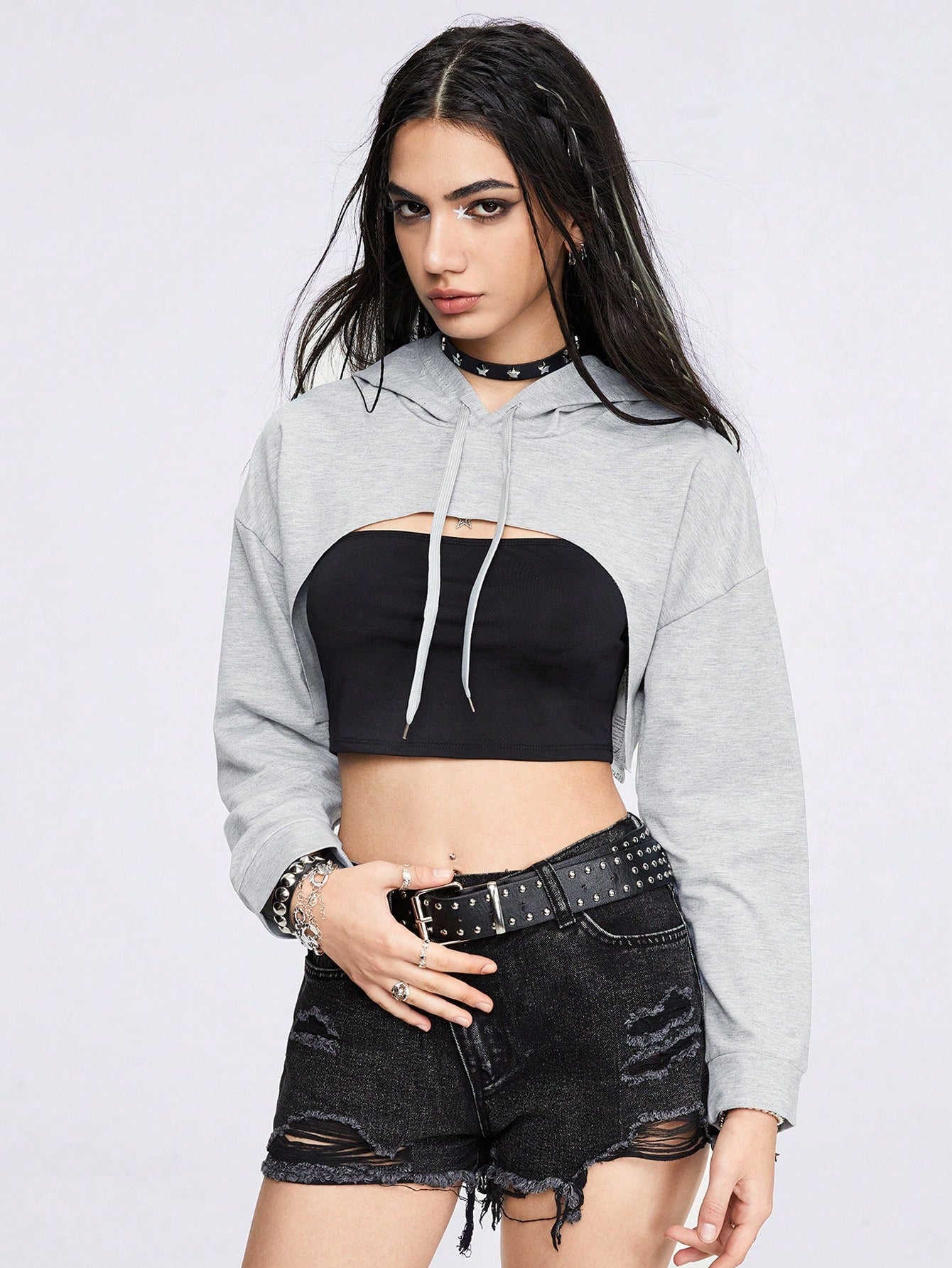 Heathered Knit Cutout Drawstring Hoodie