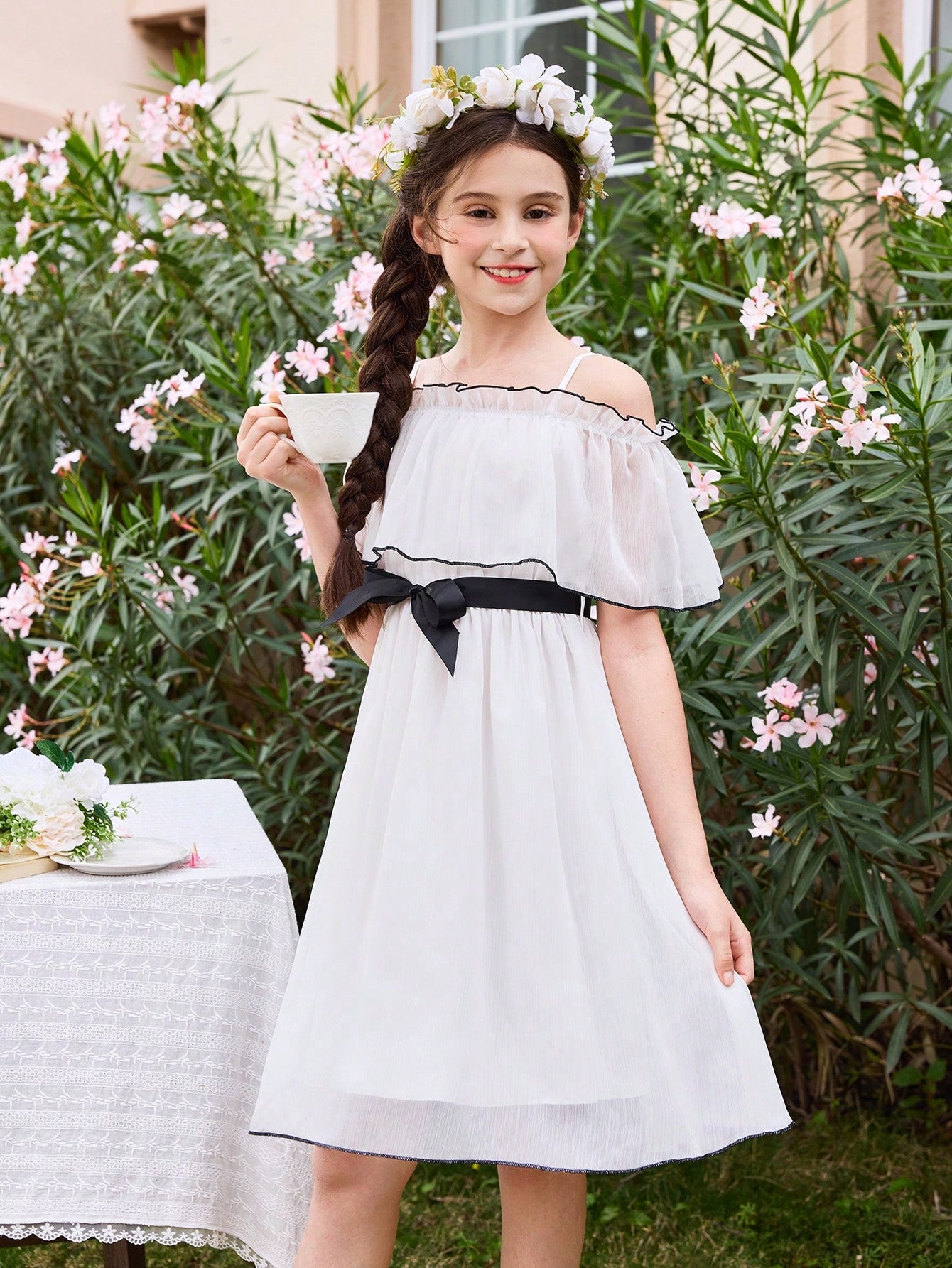 Tween Girl Casual Elegant Mesh Frill Ruffle Cami Dress