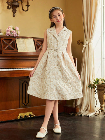 Tween Girl Elegant Casual Business Style Turn-Down Collar Sleeveless Dress