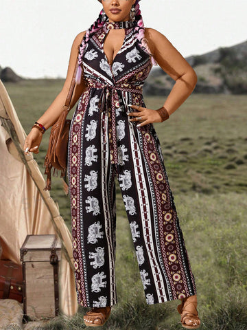 Plus Size Vintage Printed Halter Neck Jumpsuit