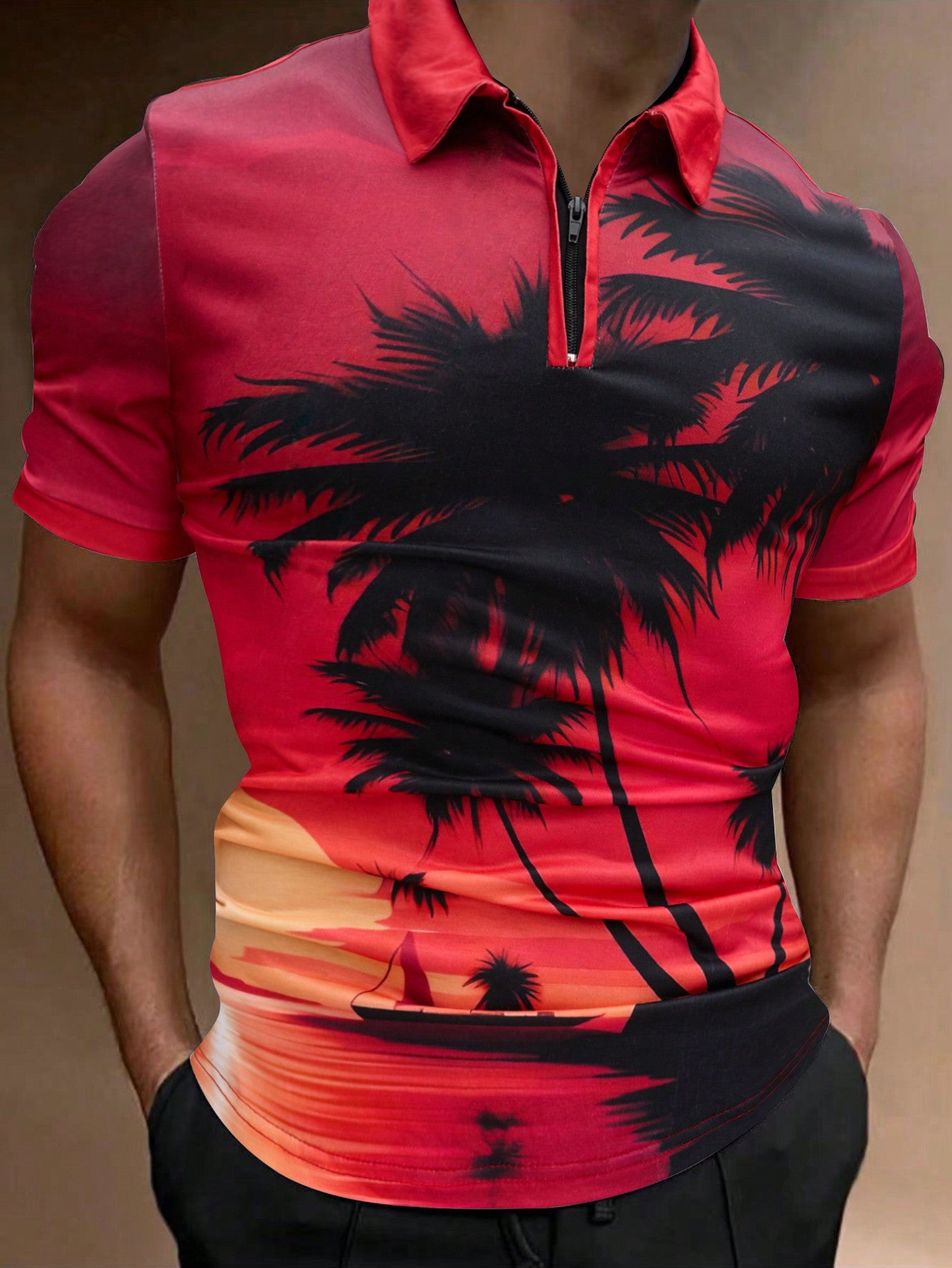 Men\ Scenery Printed Short Sleeve Polo Shirt, Summer