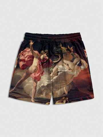 Men Oil Painting Printed Drawstring Shorts