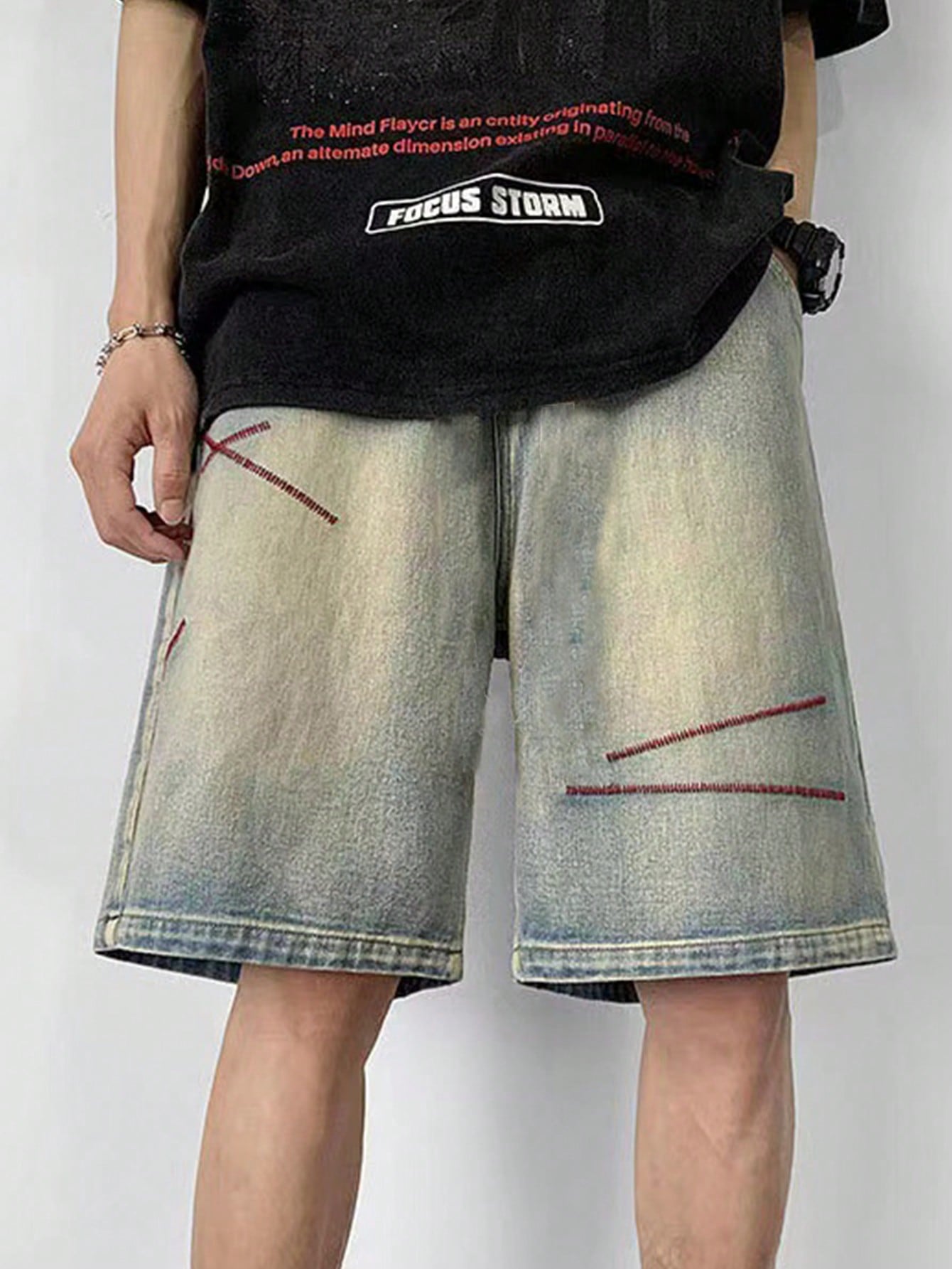 Men Summer Embroidered Denim Shorts