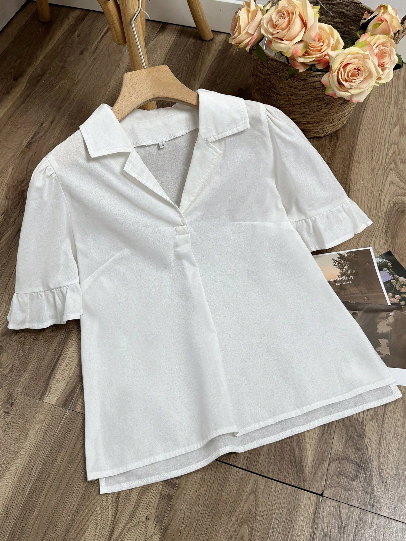 Cotton Comfortable Breathable Turn-Down Collar Shirt With Ruffle Hem Sleeves