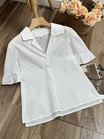 Cotton Comfortable Breathable Turn-Down Collar Shirt With Ruffle Hem Sleeves