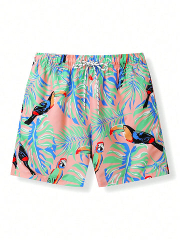 Men's Leaf & Bird Pattern Vacation Style Beach Shorts