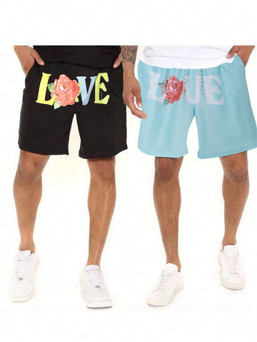 Men's Elastic Waist Beach Shorts With Letter & Flower Print