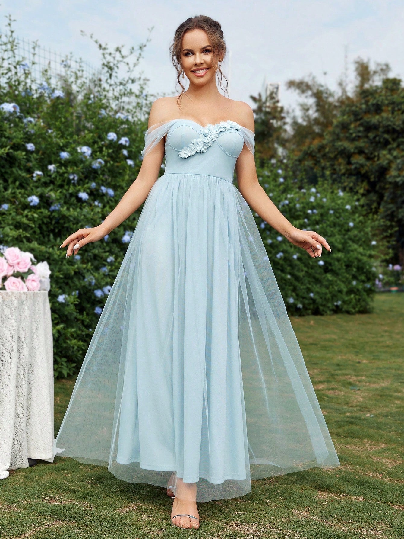 Ladies Elegant And Romantic Blue Mesh Fabric Off-Shoulder Puffy A-Line Dress With Delicate And Petite 3D Flower Decoration On The Front Chest, Bridesmaid Dress