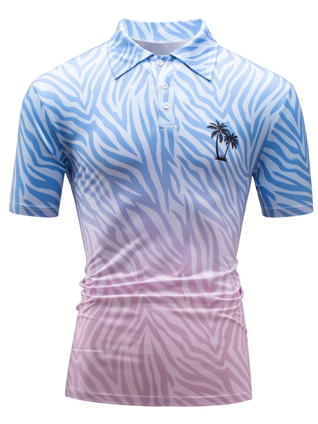 Men Fashion Color Block Palm Tree Print Short Sleeve Polo Shirt