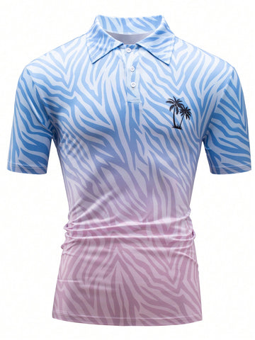 Men Fashion Color Block Palm Tree Print Short Sleeve Polo Shirt