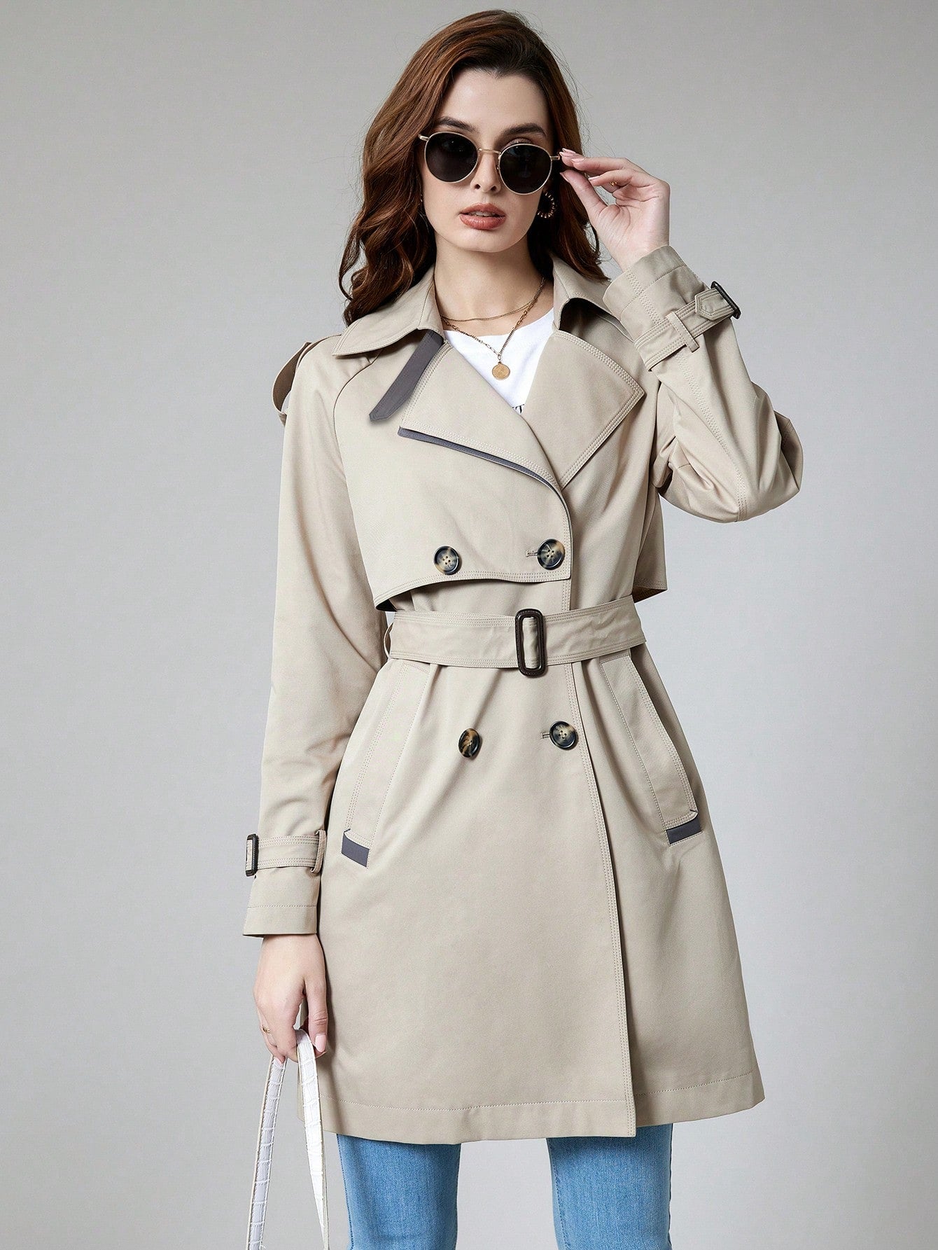 MIEGOFCE Contrast Trim Double Breasted Belted Trench Coat