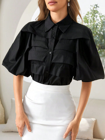 Solid Color Pleated Women's Shirt