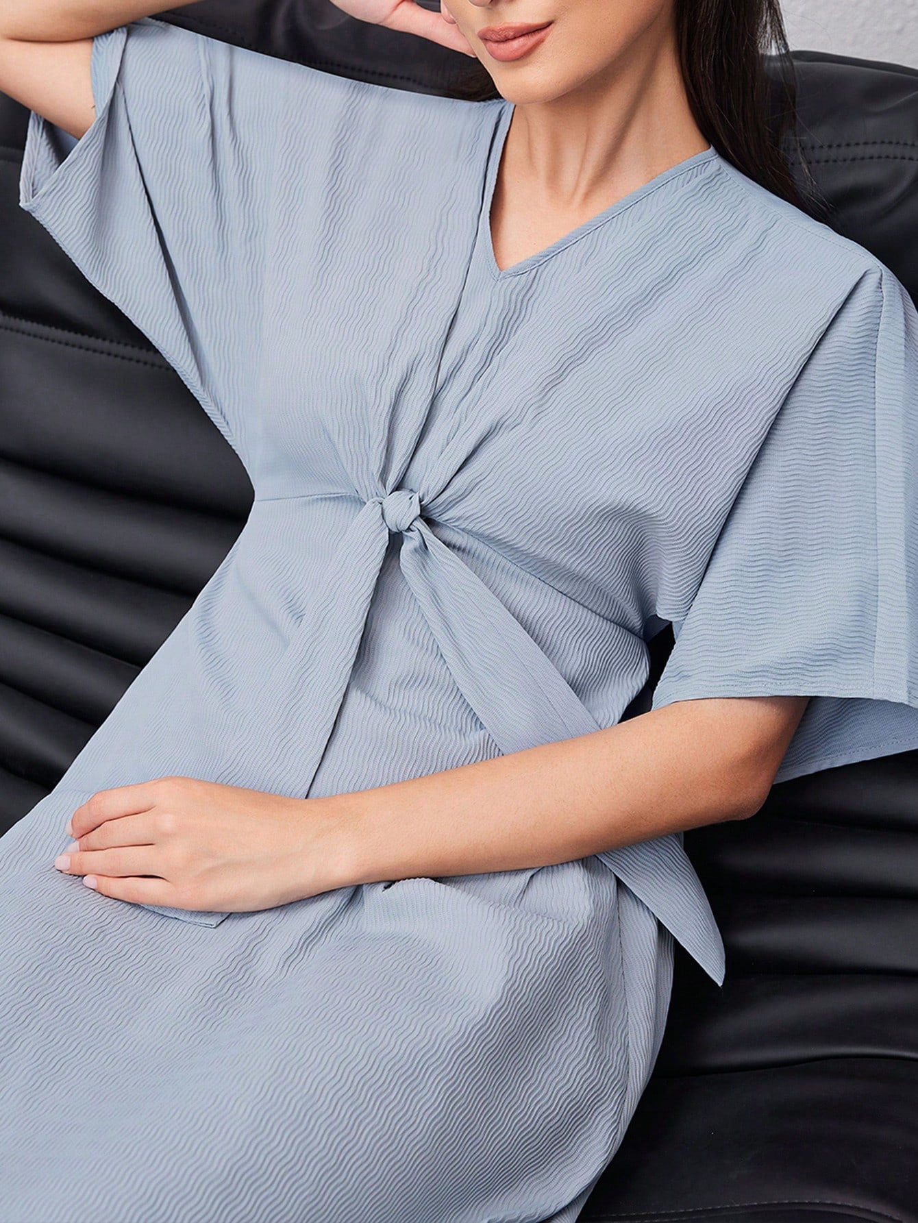 Ladies' Solid Color Batwing Sleeve Dress With Waist Tie