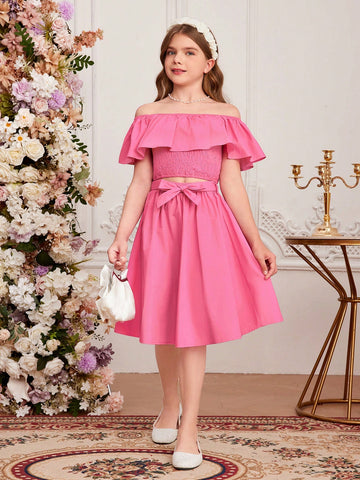 Tween Girl Gorgeous Cute Spring/Summer Woven Solid Color Off Shoulder Top And Skirt Set