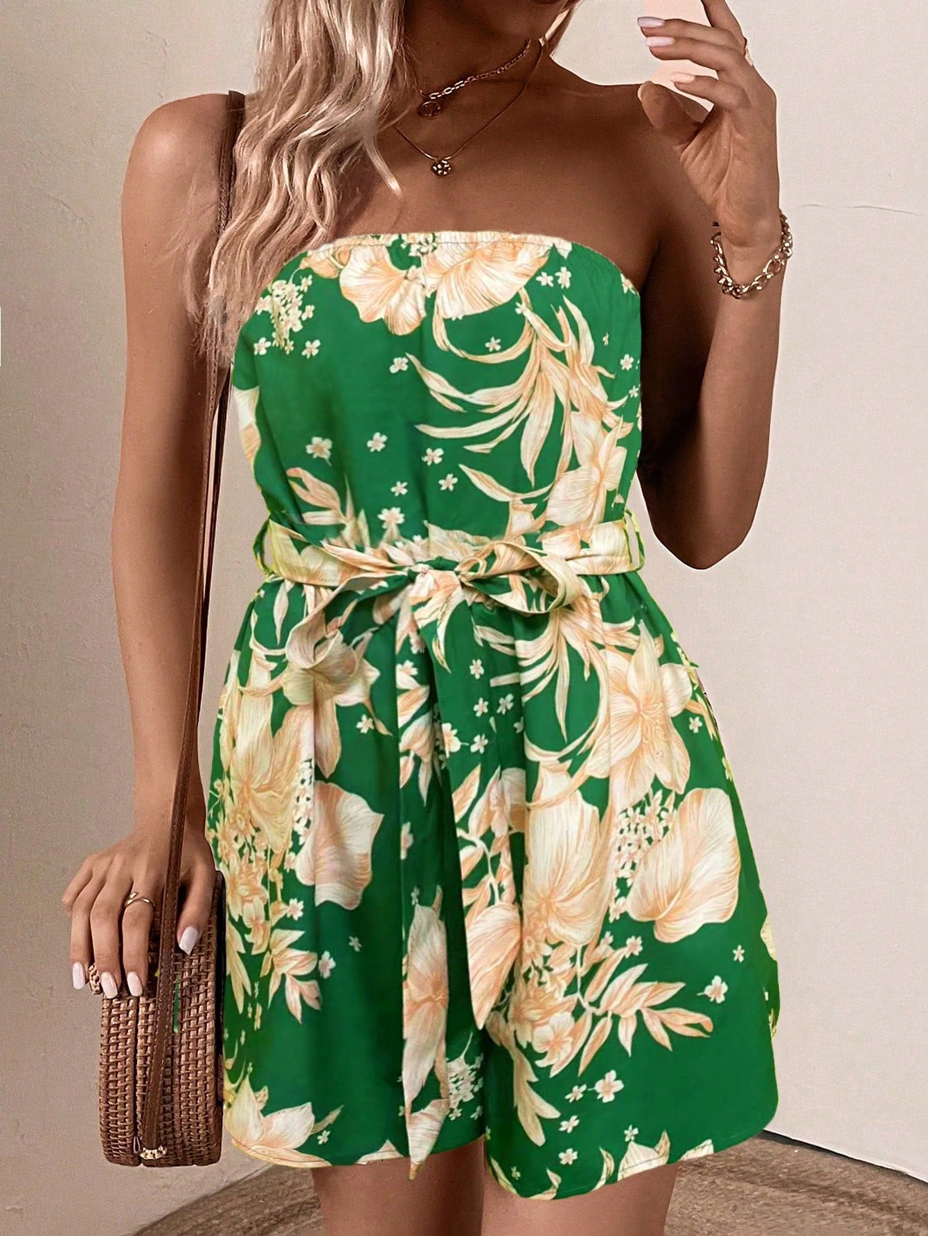 Holiday Floral Printed Strapless Jumpsuit