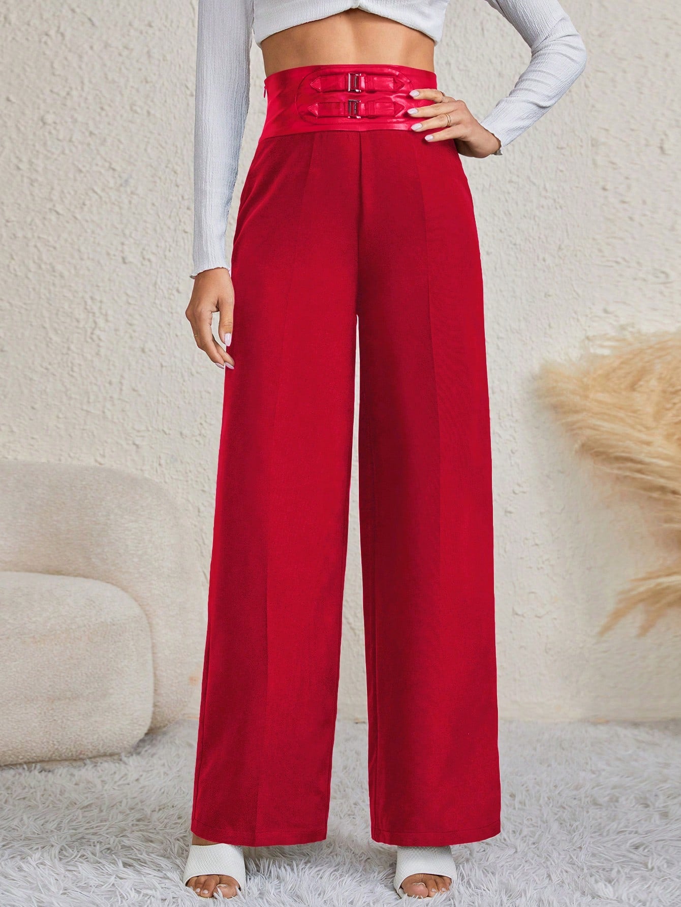 Women Spliced Waist Buckle Detail Casual Straight Pants