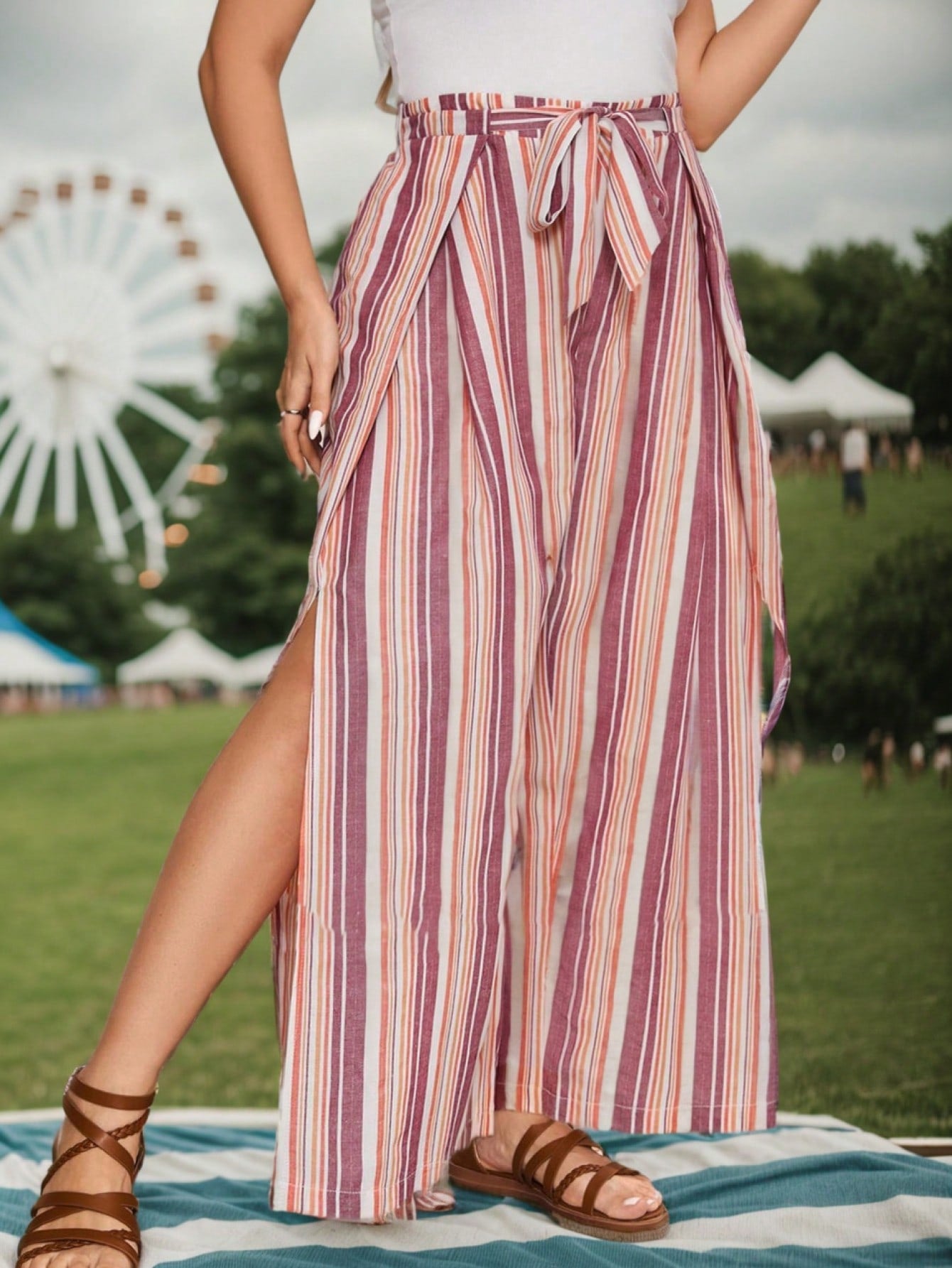 Plus Size Striped Wide Leg Pants With Wrap Belt