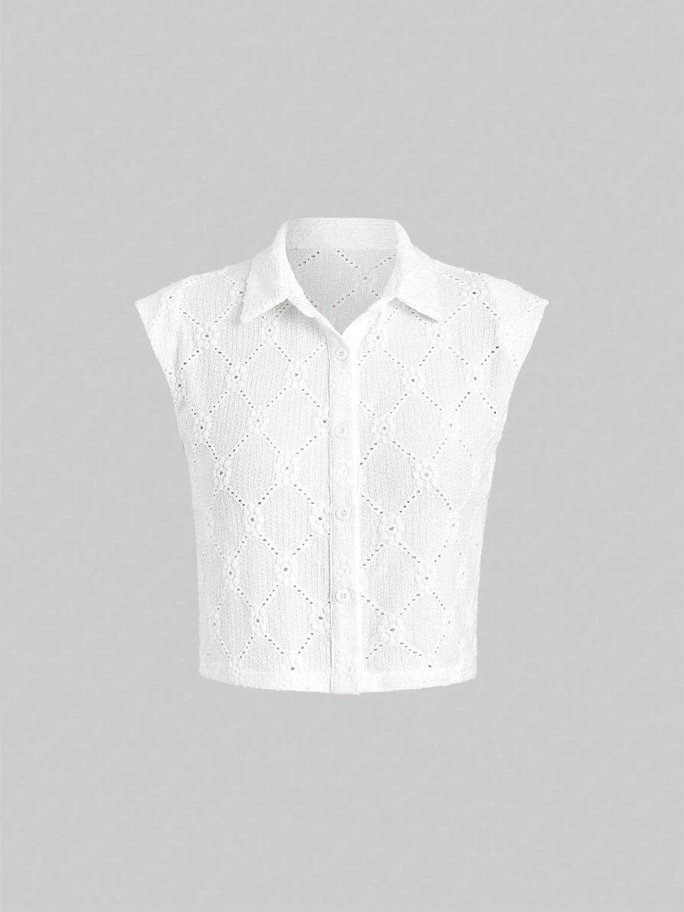 Women Sleeveless Eyelet Embroidery Button Up Shirt