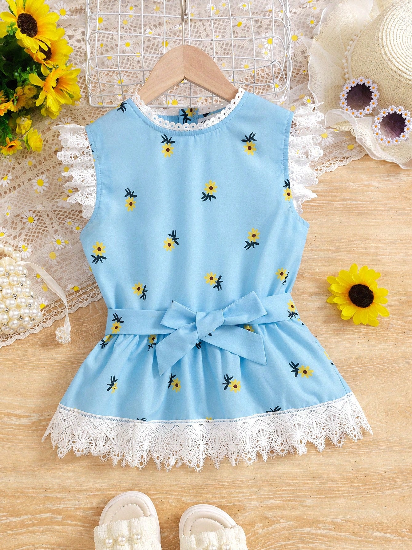 Tween Girl Lace Patchwork Floral Sleeveless Summer Blouse