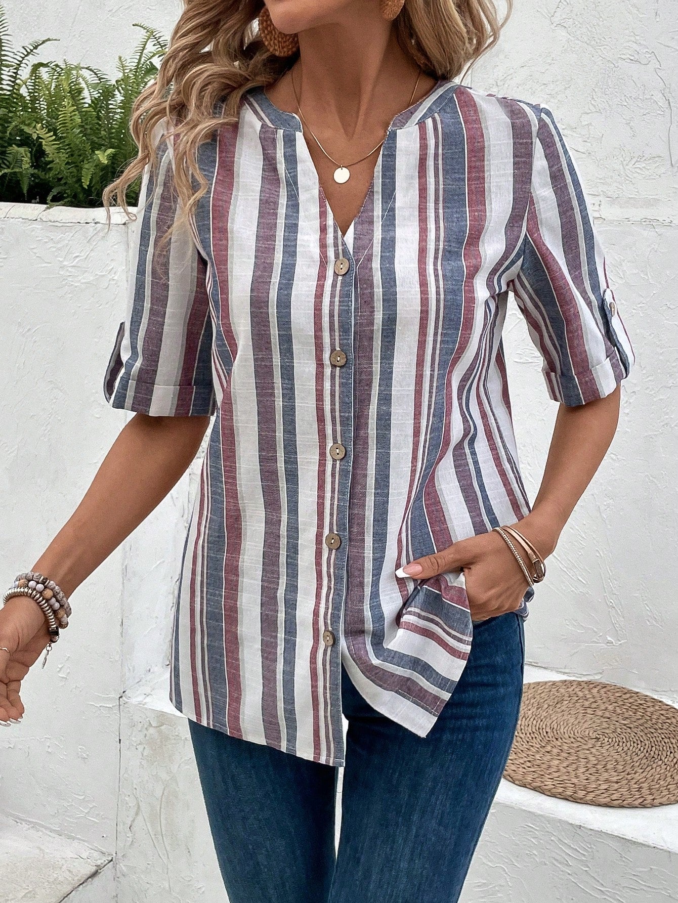 Women Fashion Colorful Striped Half Sleeve Shirt For Summer