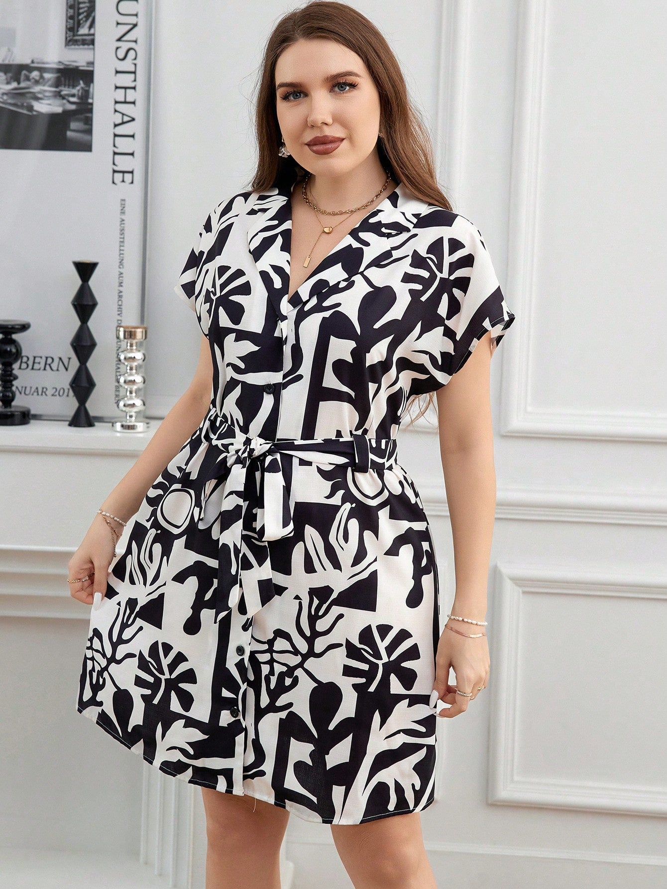 Plus Size Women Summer Geometric Print Batwing Short Sleeve Casual Shirt Dress