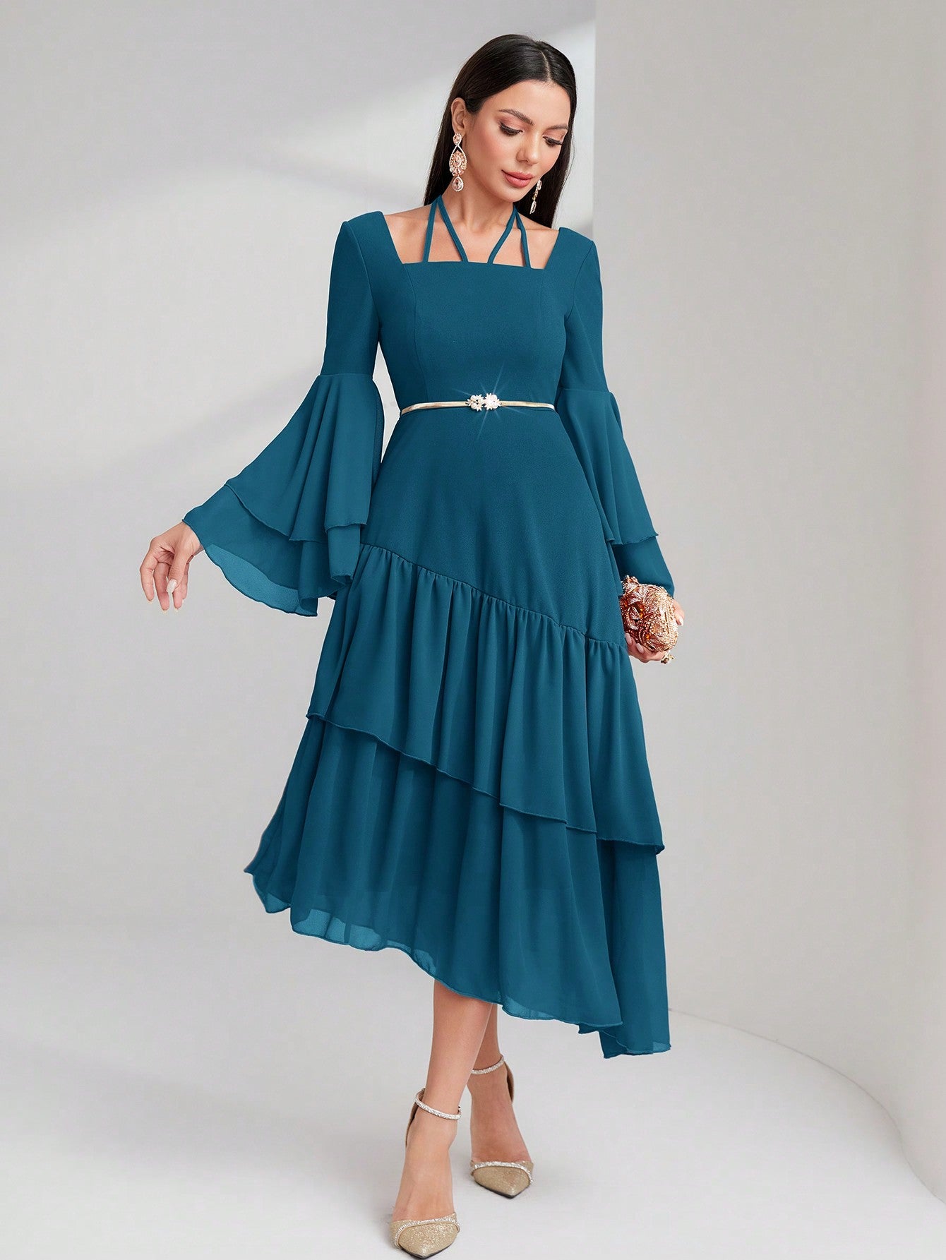 Spring Asymmetrical Neck Ruffle Hem Bell Sleeve Casual Dress