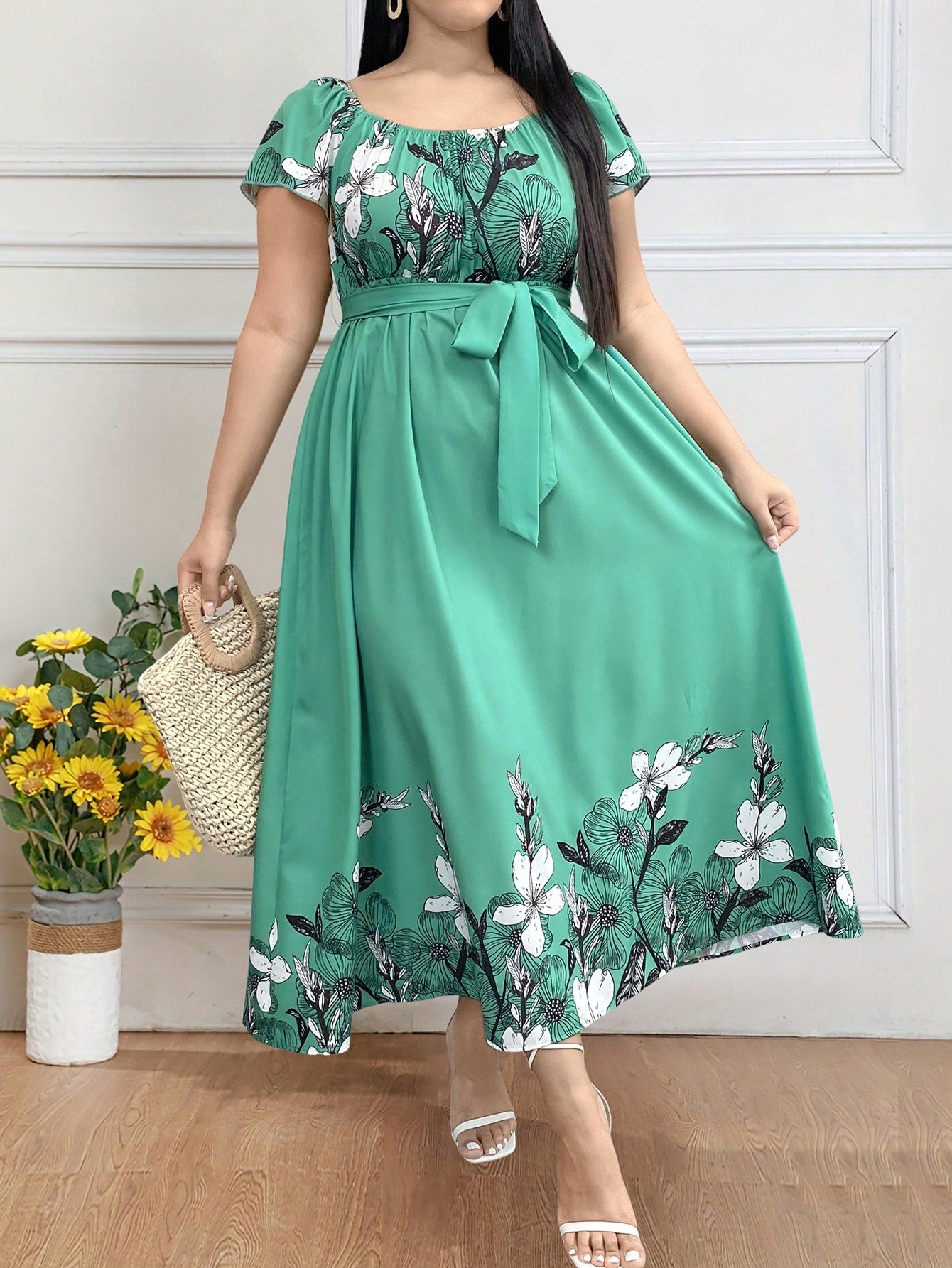 Plus Size Women Summer Floral Print Round Neck Short Raglan Sleeve Long Dress