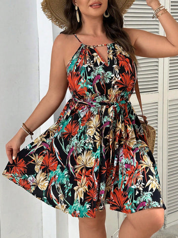 Plus Size Off-Shoulder Retro Floral Print Fashion Vacation Dress