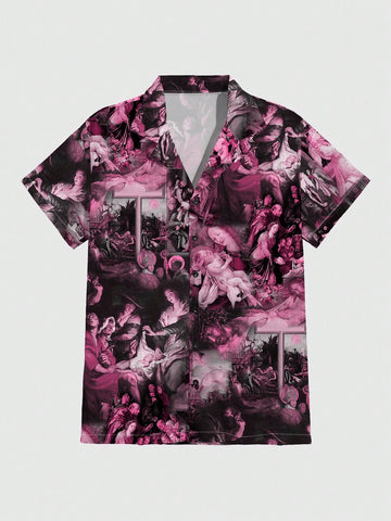 Men Summer Oil Painting Printed Casual Short Sleeve Shirt