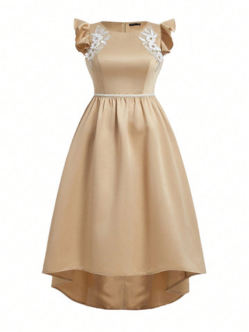 Plus Size Elegant And Luxurious Champagne Gold 3D Flower Details Three-Dimensional Ruffle Cap Sleeves Homecoming Dress, Vintage With Beads, High And Low Hem Suitable For Cocktail Parties, Elegant Parent-Child Dress