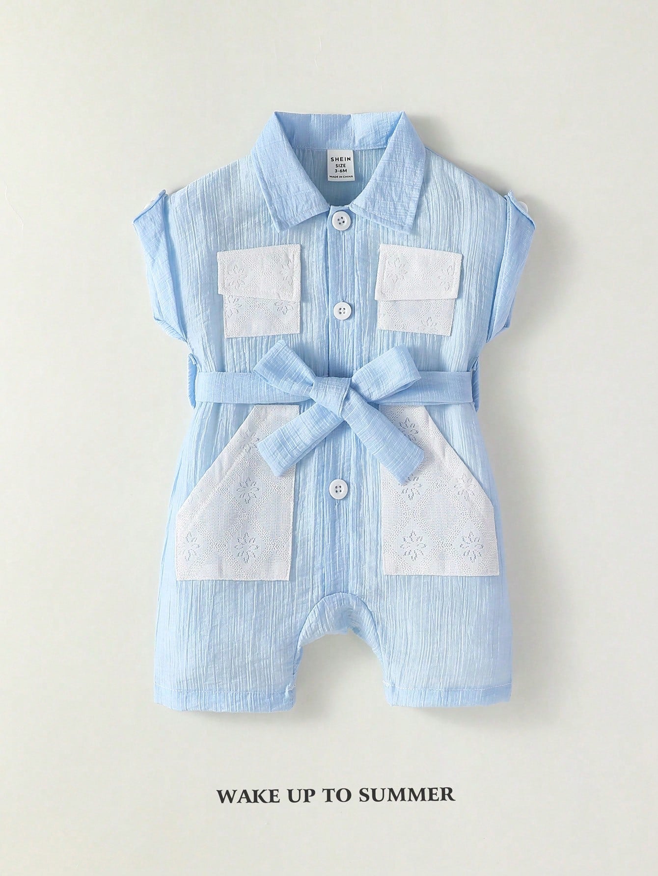 Street Style Baby Girl Overall Shorts With Textured Fabric, Lapel Collar, Hollow Out Pocket And Sash Belt, Cute Casual And Simple Fashion